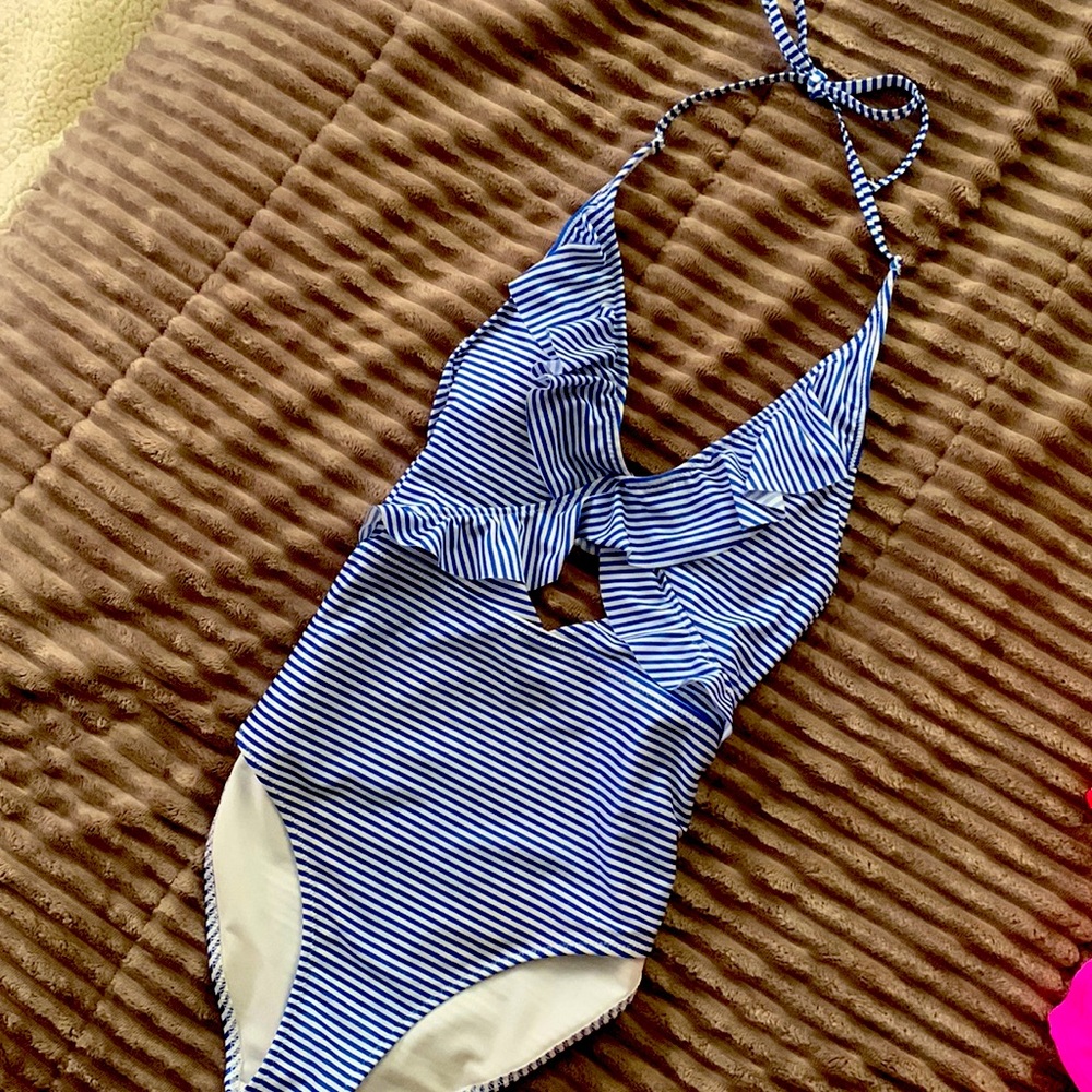 Blue and white striped bathing suit